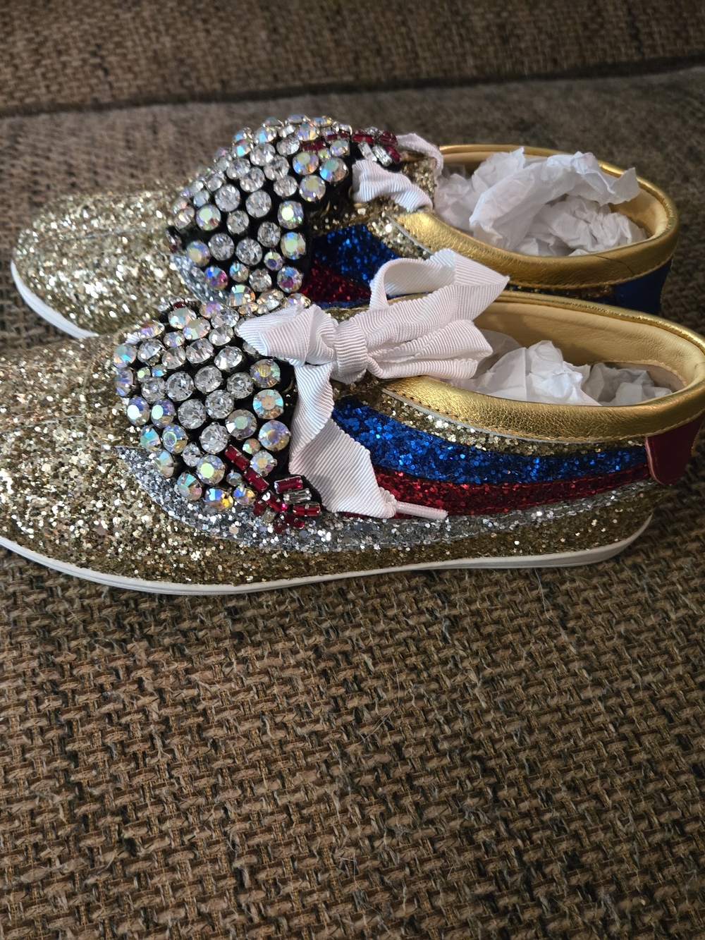 Gucci Gold Glitter Sneakers with Red and Blue Stripes and Crystal Embellishments